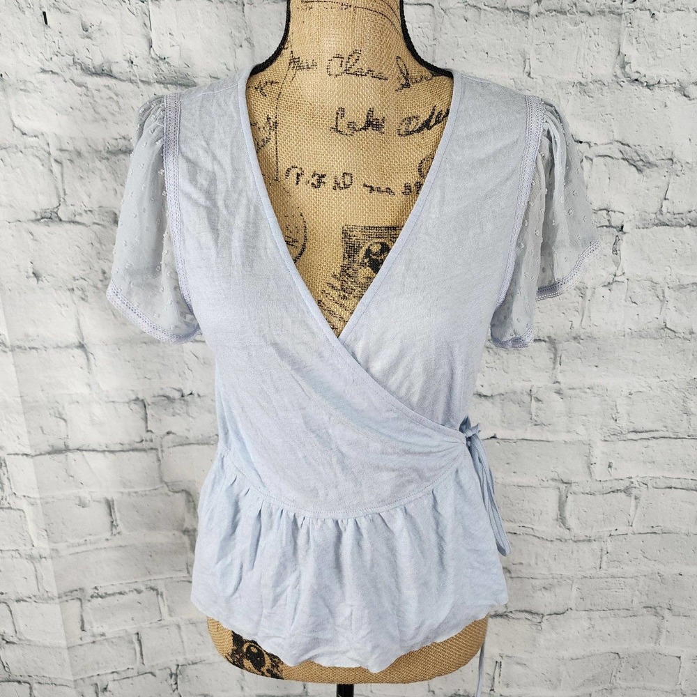Generation love wrap top Sz S blue cap sleeve blouse A22